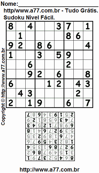 Jogo Sudoku Nível Fácil Para Impressão Com Respostas