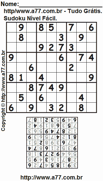 Jogo Sudoku 9 x 9 Fácil Com Resposta. Jogo Nº 55.