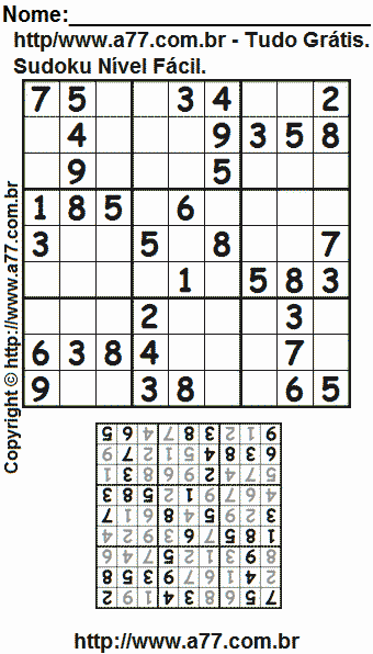 Jogo Sudoku Nível Fácil Para Imprimir Com Resposta