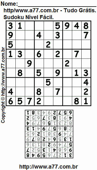 Jogo Sudoku 9 x 9 Para Imprimir Com Resposta. Jogo Nº 534.