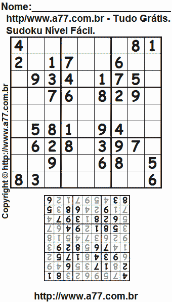 Passatempo de Sudoku Para Imprimir Com Respostas