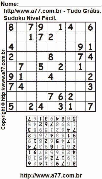 Passatempo Sudoku Fácil Com Resposta. Jogo Nº 722.