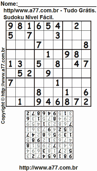 Passatempo de Sudoku Para Impressão Com Respostas