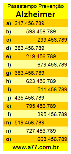 Passatempo Para Prevenção de Alzheimer Com Números de 9 Dígitos