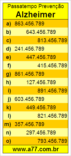 Passatempo Para Prevenção de Alzheimer Com Números de 9 Dígitos