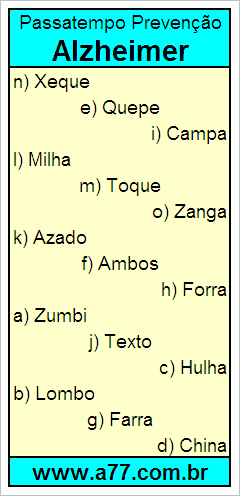 Passatempo Prevenção Alzheimer Com Palavras de 5 Letras