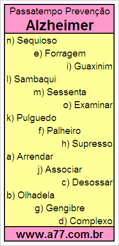 Passatempo Prevenção Alzheimer Com Palavras de 8 Letras