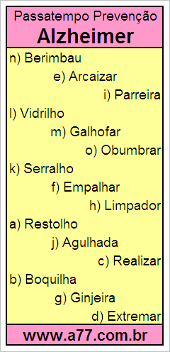 Passatempo Prevenção Alzheimer Com Palavras de 8 Letras